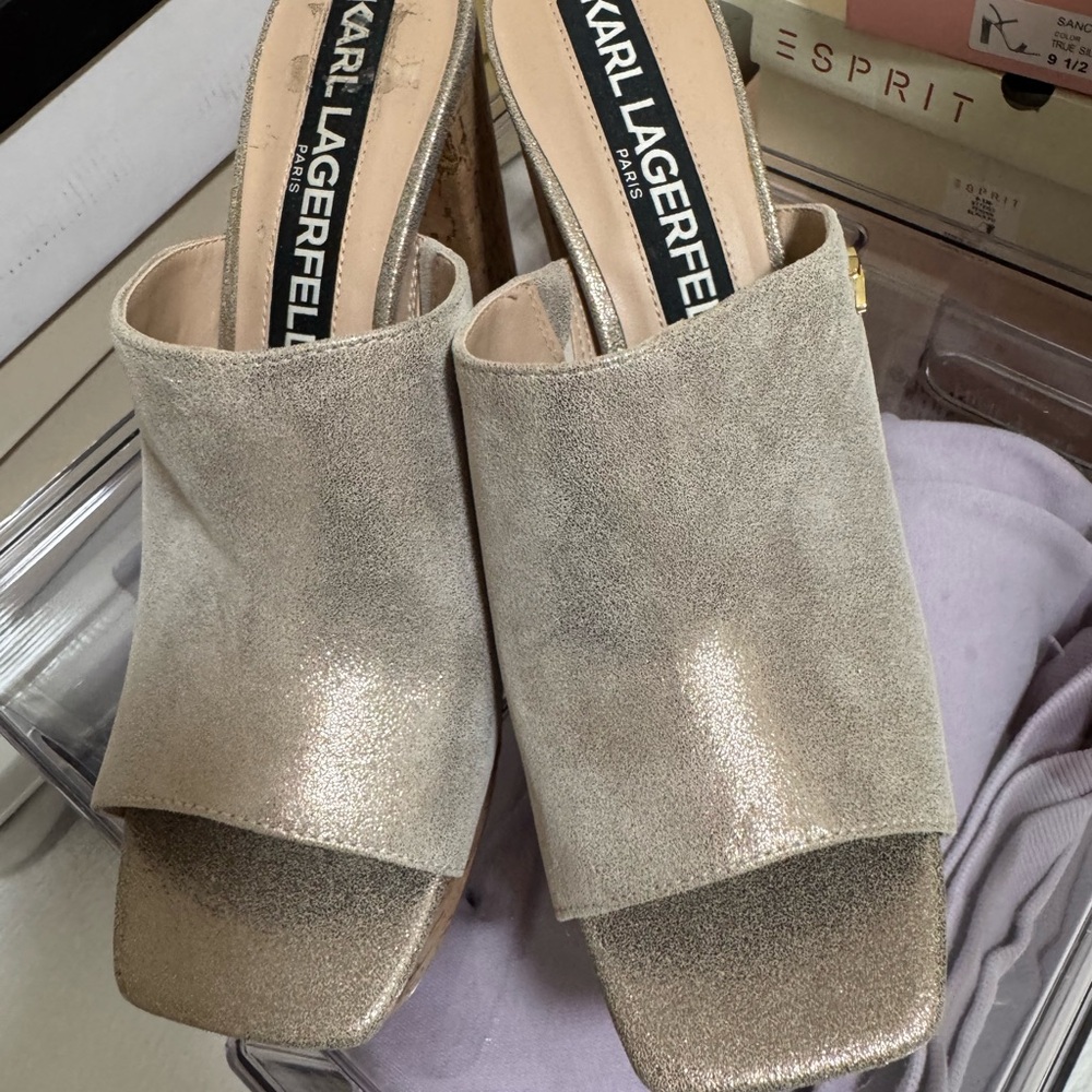 Karl Lagerfeld Metallic Gold Mules cork 5 inch heels